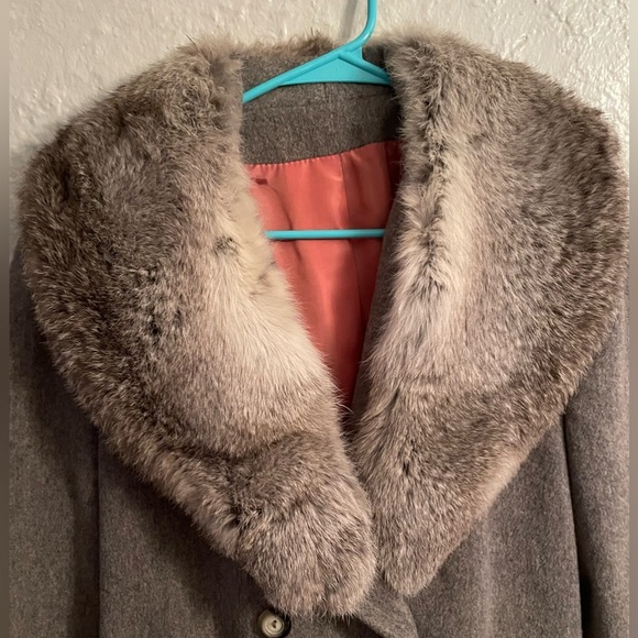 Vintage 1970s Sears Wool Peacoat Rabbit Fur Trim Collar Women's Gray/Tan;size L - Picture 4 of 10